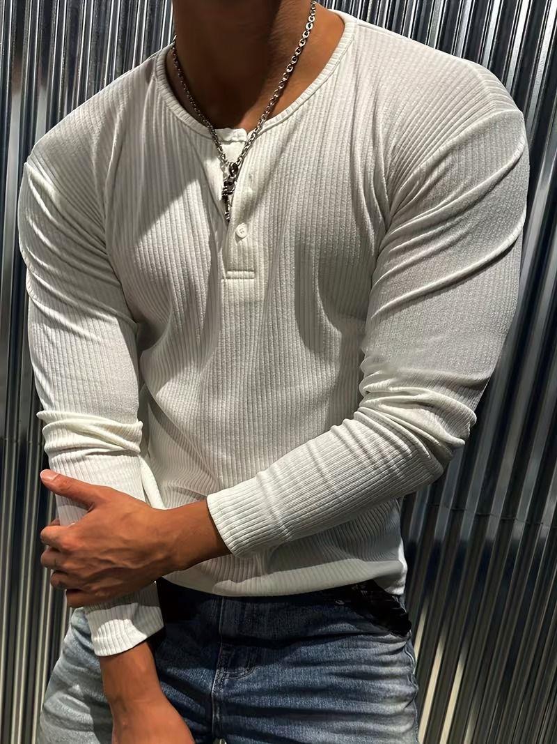 Mecho Erkek Slim Fit Likralı Henley Yaka Uzun Kollu Tişört - Düğmeli Esnek Kumaş