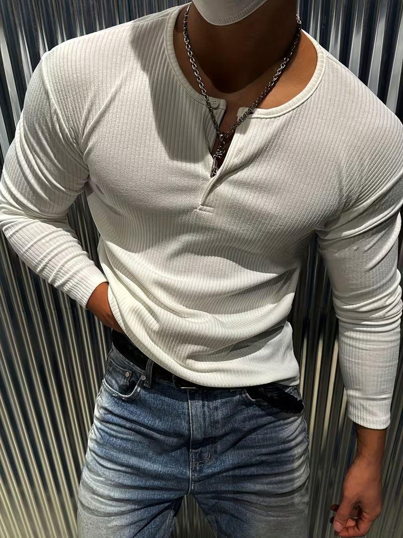 Mecho Erkek Slim Fit Likralı Henley Yaka Uzun Kollu Tişört - Düğmeli Esnek Kumaş
