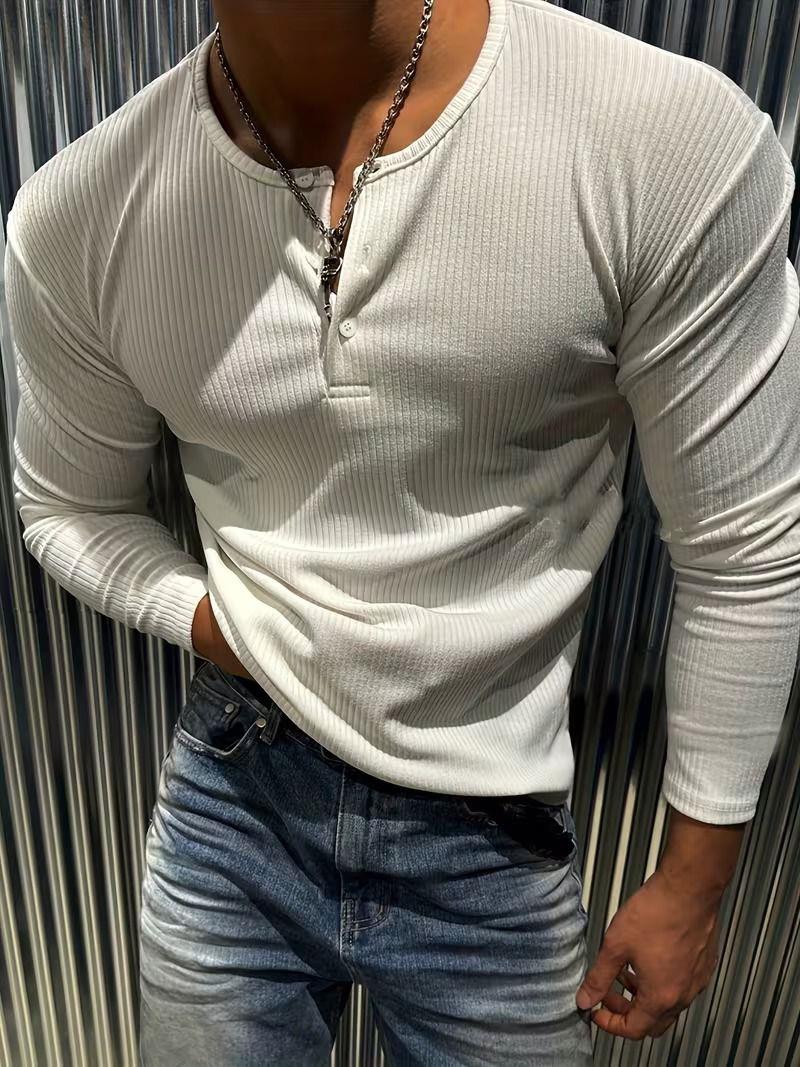 Mecho Erkek Slim Fit Likralı Henley Yaka Uzun Kollu Tişört - Düğmeli Esnek Kumaş