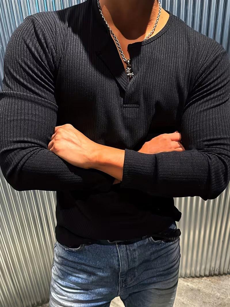 Mecho Erkek Slim Fit Likralı Henley Yaka Uzun Kollu Tişört - Düğmeli Esnek Kumaş