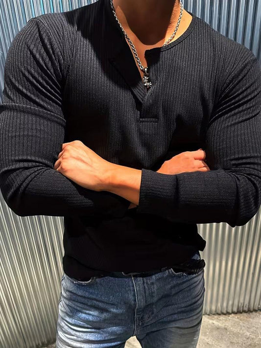 Mecho Erkek Slim Fit Likralı Henley Yaka Uzun Kollu Tişört - Düğmeli Esnek Kumaş