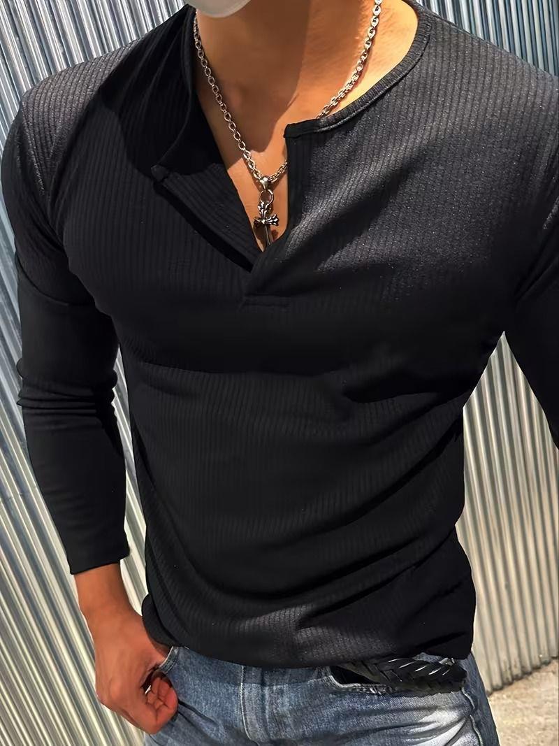 Mecho Erkek Slim Fit Likralı Henley Yaka Uzun Kollu Tişört - Düğmeli Esnek Kumaş