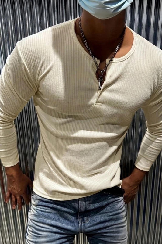 Mecho Erkek Slim Fit Likralı Henley Yaka Uzun Kollu Tişört - Düğmeli Esnek Kumaş