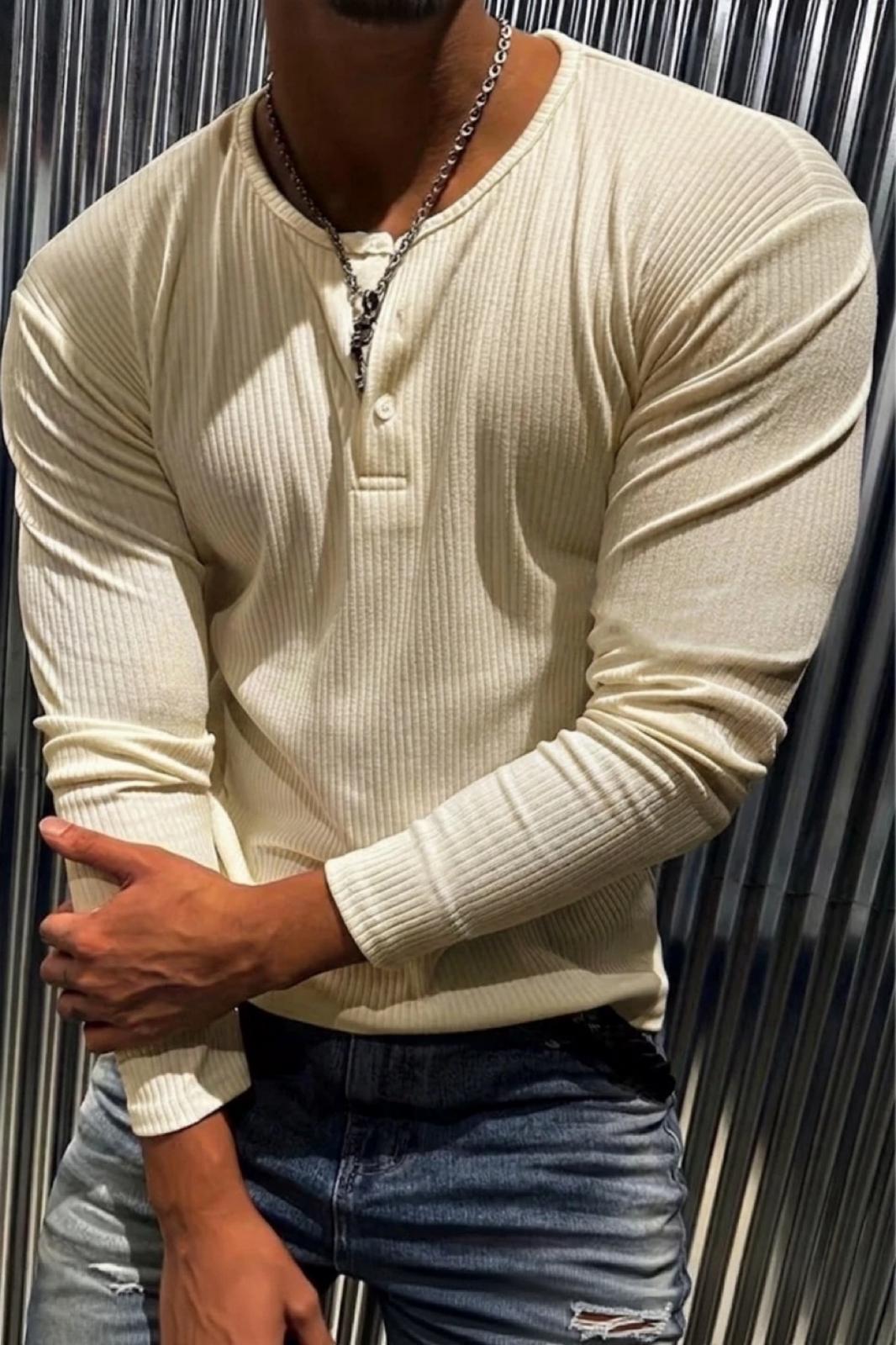 Mecho Erkek Slim Fit Likralı Henley Yaka Uzun Kollu Tişört - Düğmeli Esnek Kumaş