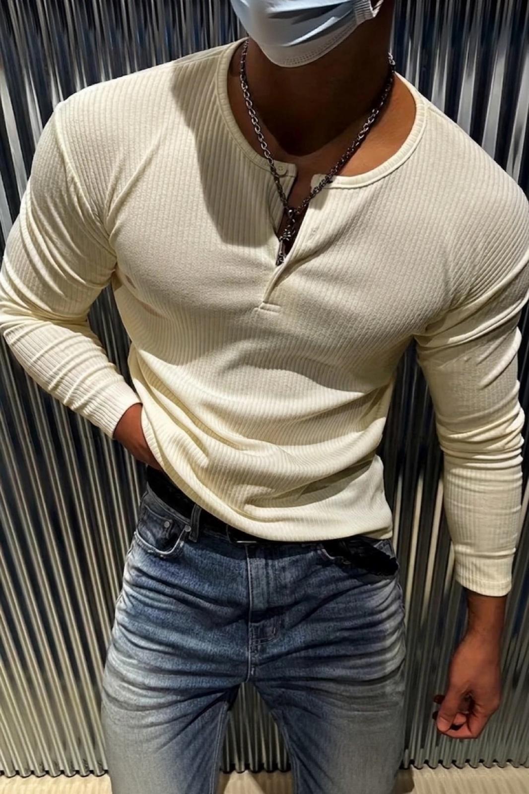 Mecho Erkek Slim Fit Likralı Henley Yaka Uzun Kollu Tişört - Düğmeli Esnek Kumaş