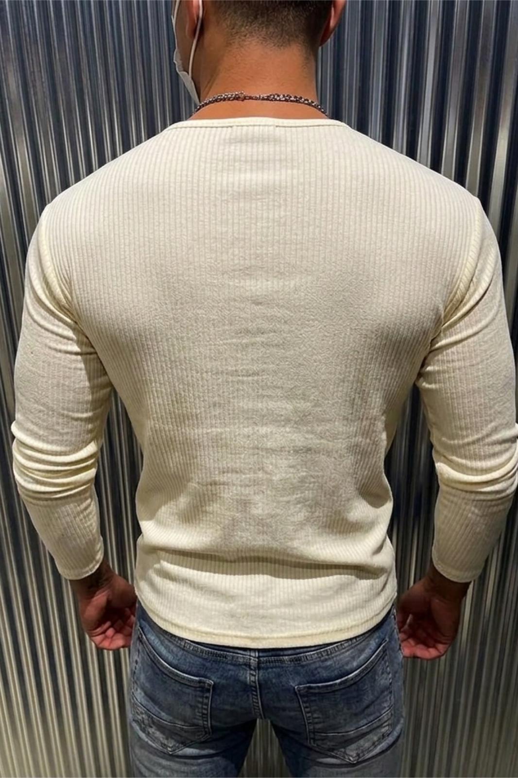 Mecho Erkek Slim Fit Likralı Henley Yaka Uzun Kollu Tişört - Düğmeli Esnek Kumaş