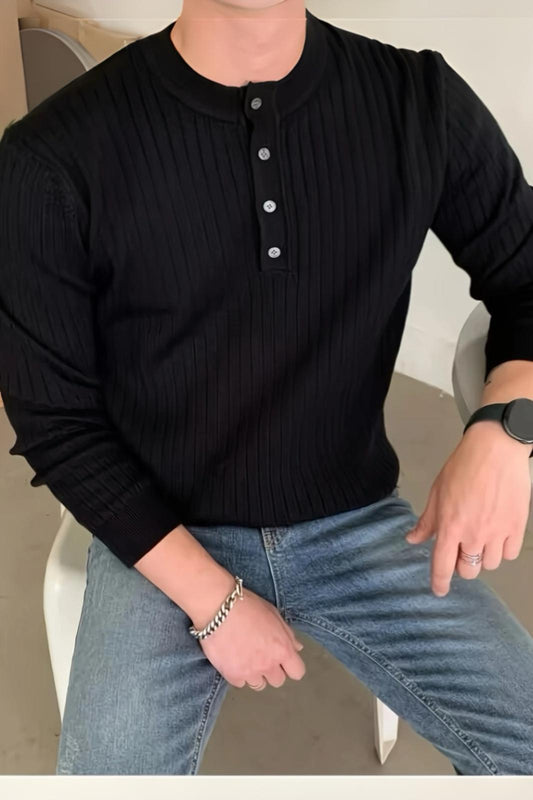 Memphis Slim Fit Düğmeli Henley Yaka Triko Kazak