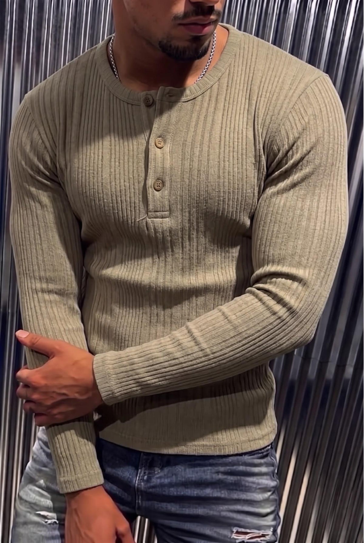 Mikx Erkek Düğmeli Likralı Fitilli Uzun Kollu Slim Fit Henley Yaka Tişört / Casual Günlük Bluz