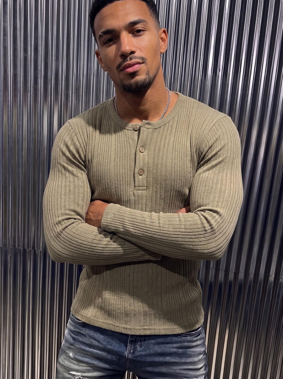 Mikx Erkek Düğmeli Likralı Fitilli Uzun Kollu Slim Fit Henley Yaka Tişört / Casual Günlük Bluz