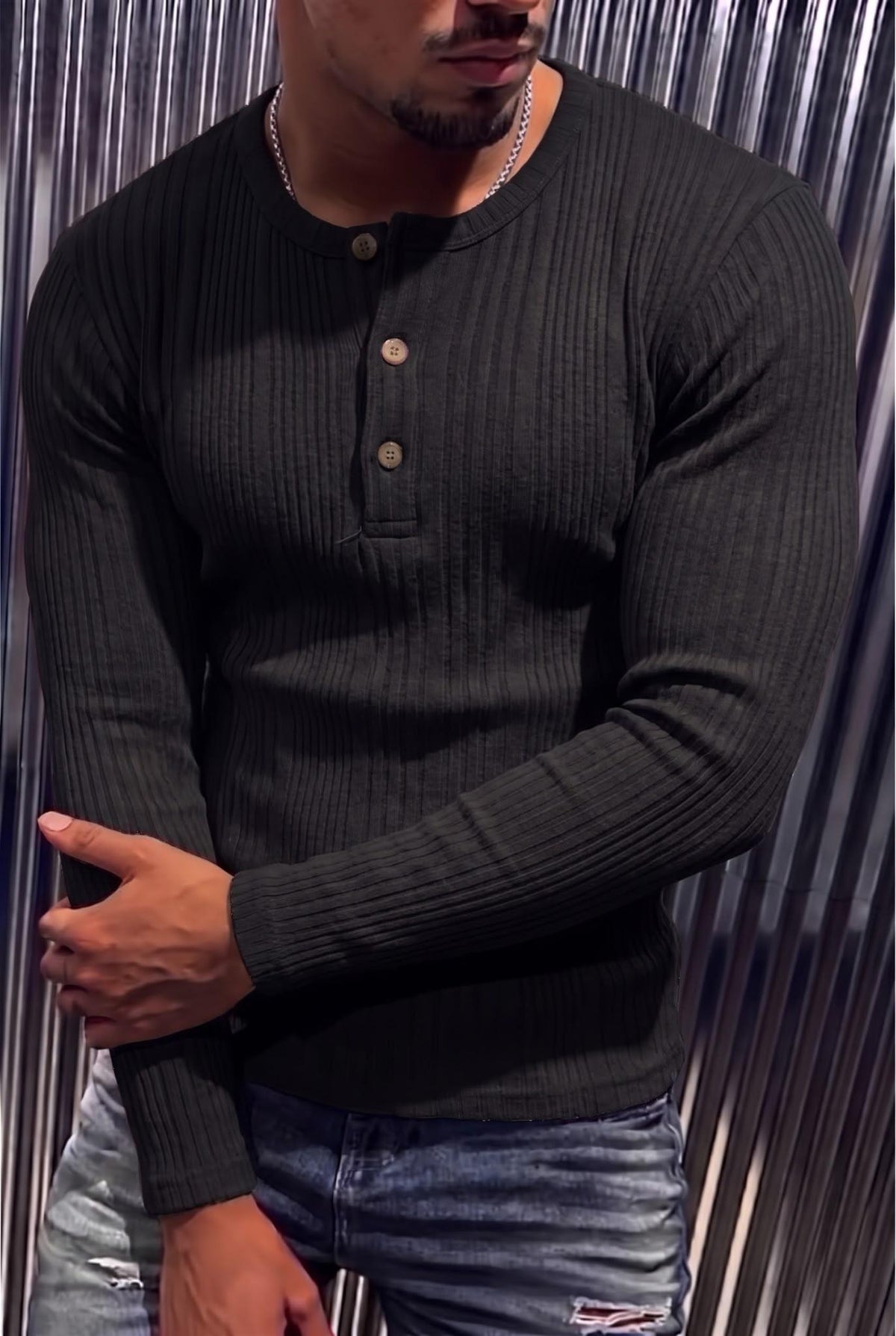 Mikx Erkek Düğmeli Likralı Fitilli Uzun Kollu Slim Fit Henley Yaka Tişört / Casual Günlük Bluz