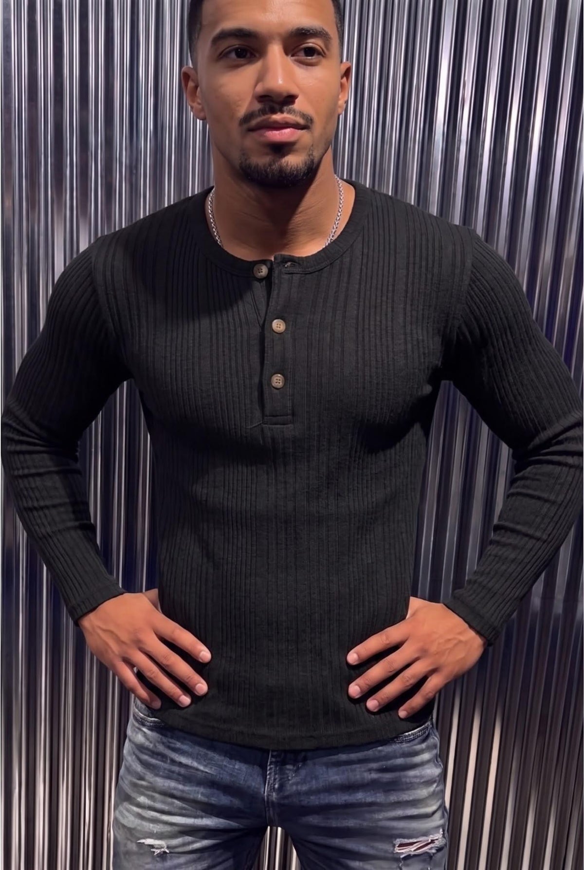 Mikx Erkek Düğmeli Likralı Fitilli Uzun Kollu Slim Fit Henley Yaka Tişört / Casual Günlük Bluz