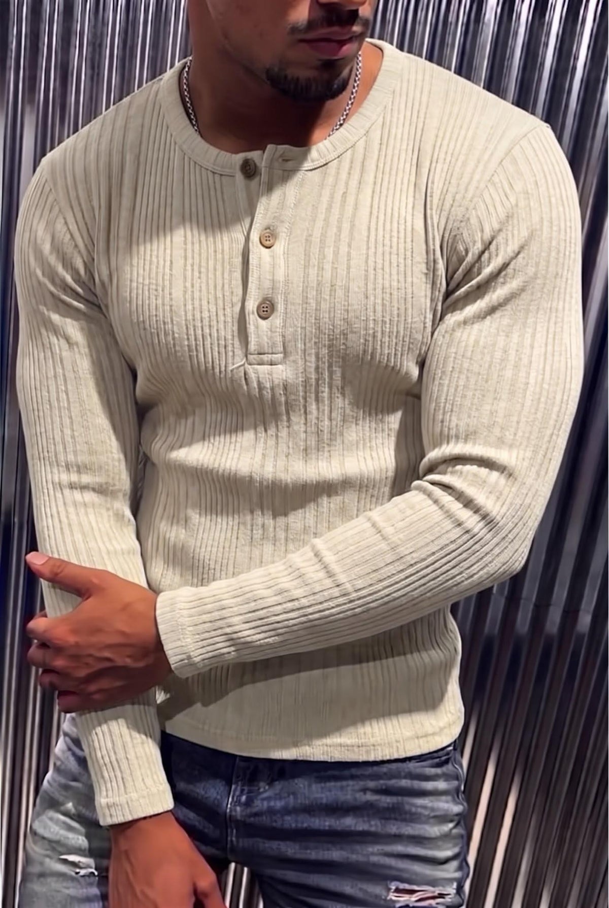 Mikx Erkek Düğmeli Likralı Fitilli Uzun Kollu Slim Fit Henley Yaka Tişört / Casual Günlük Bluz