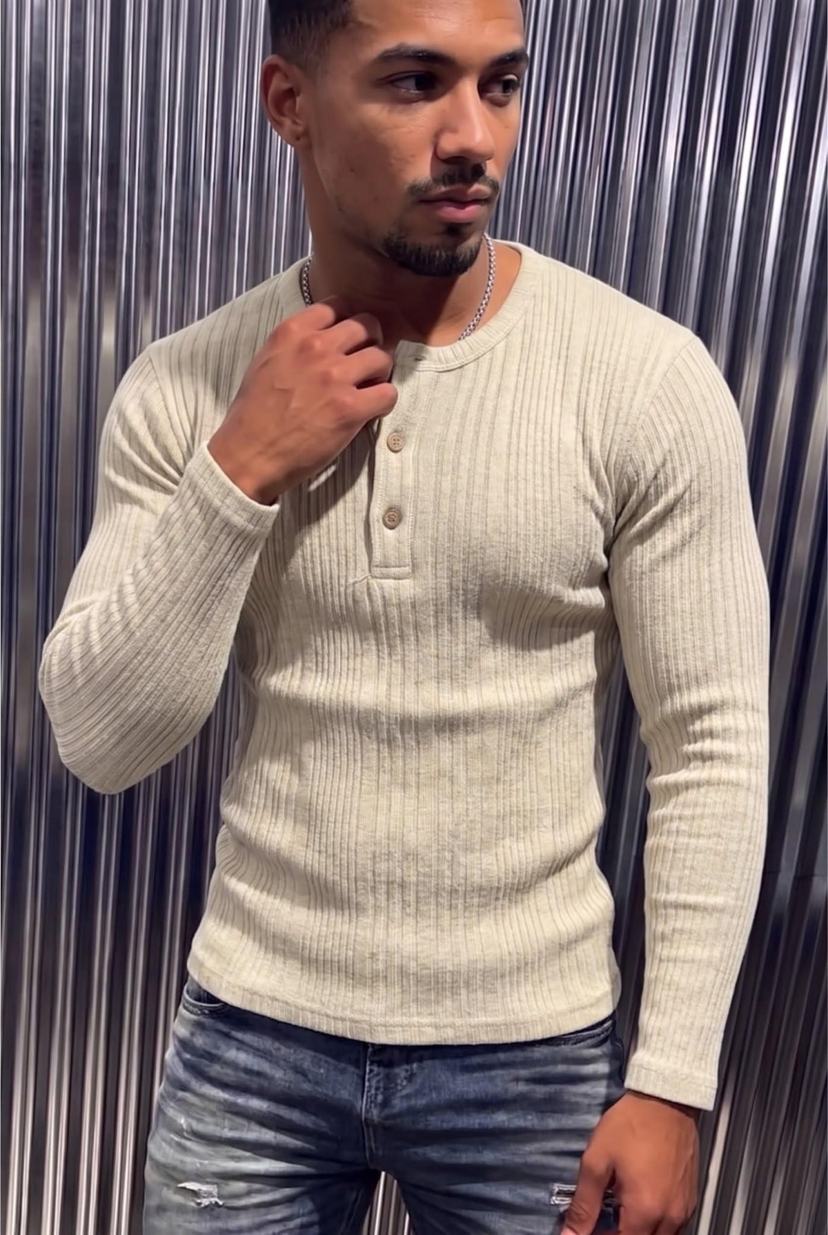 Mikx Erkek Düğmeli Likralı Fitilli Uzun Kollu Slim Fit Henley Yaka Tişört / Casual Günlük Bluz