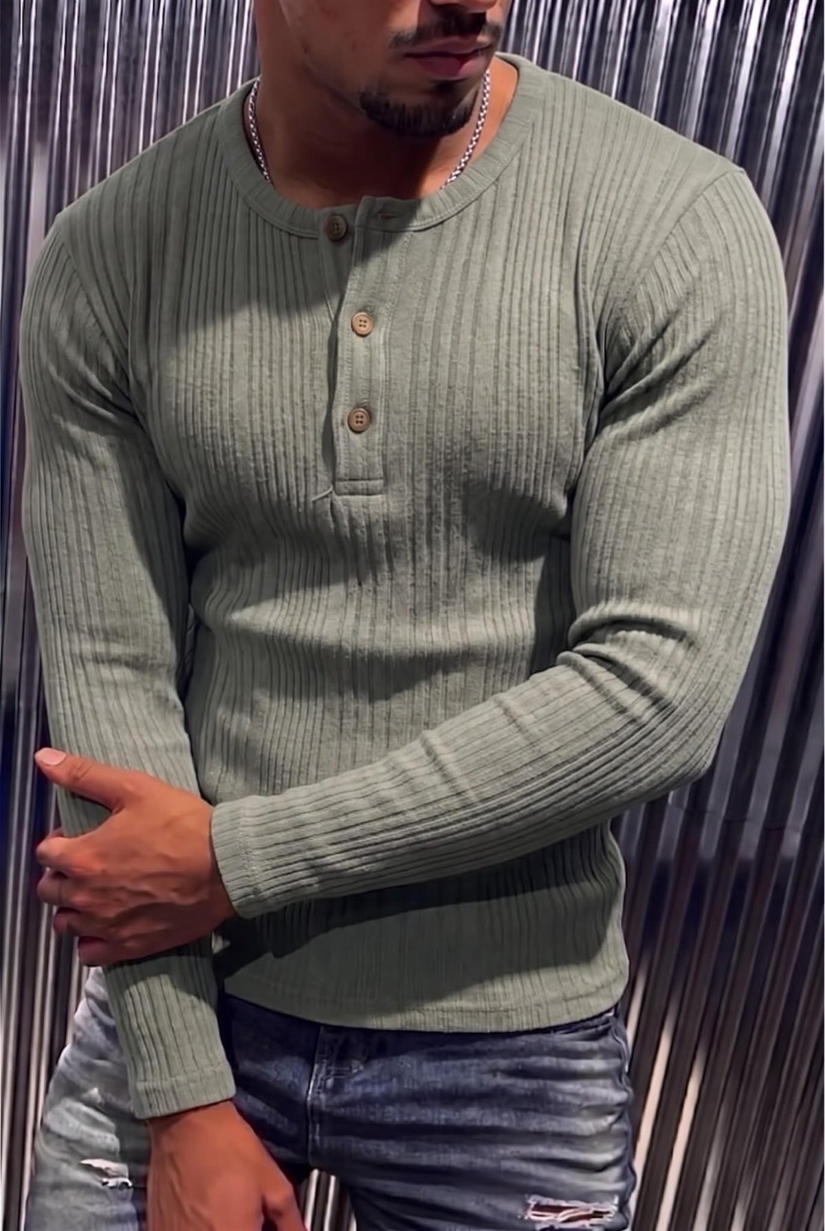 Mikx Erkek Düğmeli Likralı Fitilli Uzun Kollu Slim Fit Henley Yaka Tişört / Casual Günlük Bluz