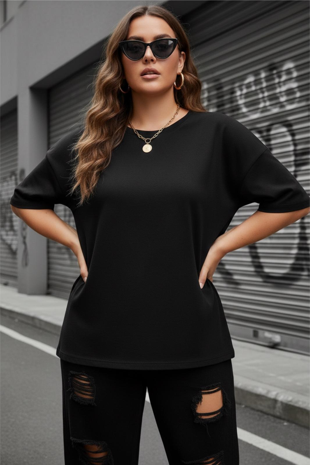 Mily Kadın Büyük Beden Battal Basic Bisiklet Yaka Pamuklu T-Shirt Rahat Kesim Unisex Sevgili Kombini