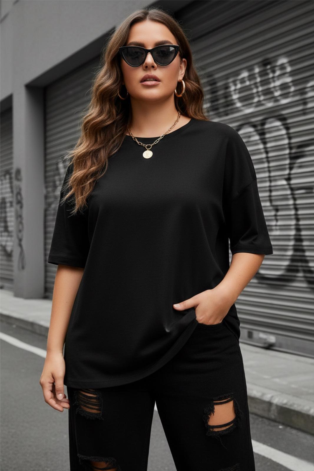 Mily Kadın Büyük Beden Battal Basic Bisiklet Yaka Pamuklu T-Shirt Rahat Kesim Unisex Sevgili Kombini