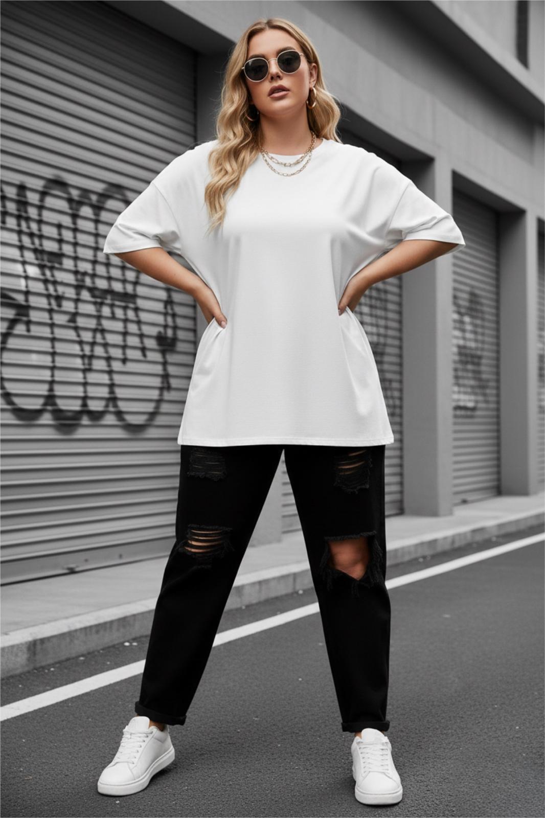 Mily Kadın Büyük Beden Battal Basic Bisiklet Yaka Pamuklu T-Shirt Rahat Kesim Unisex Sevgili Kombini