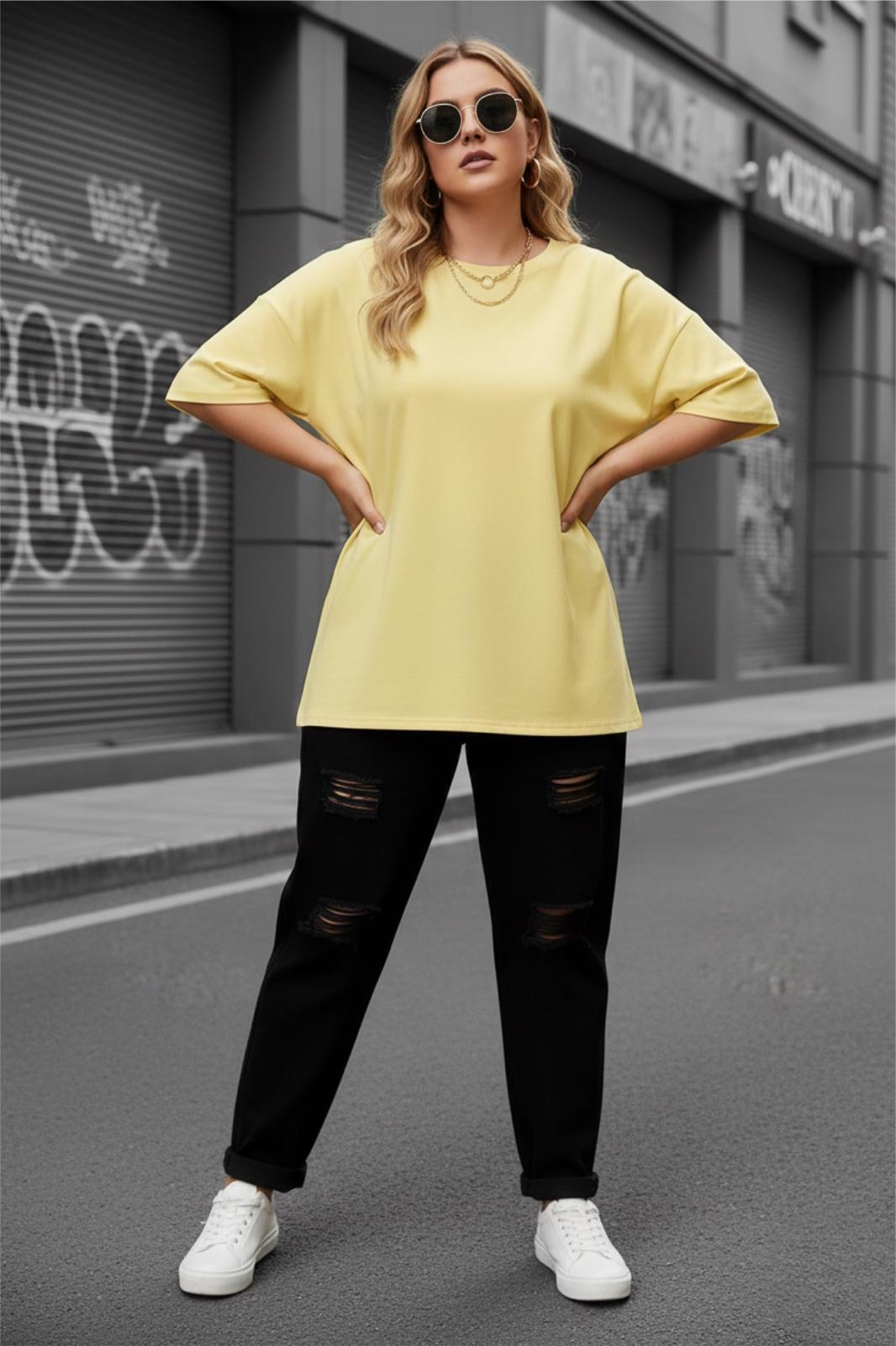 Mily Kadın Büyük Beden Battal Basic Bisiklet Yaka Pamuklu T-Shirt Rahat Kesim Unisex Sevgili Kombini