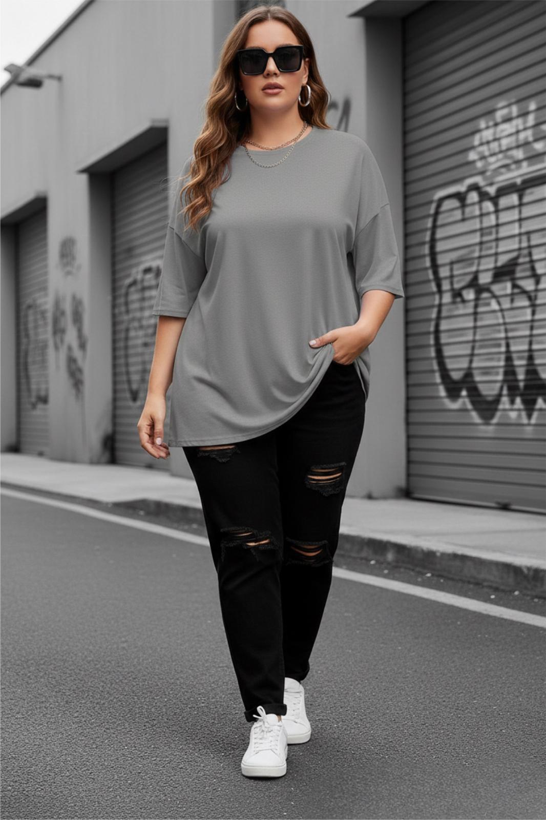 Mily Kadın Büyük Beden Battal Basic Bisiklet Yaka Pamuklu T-Shirt Rahat Kesim Unisex Sevgili Kombini