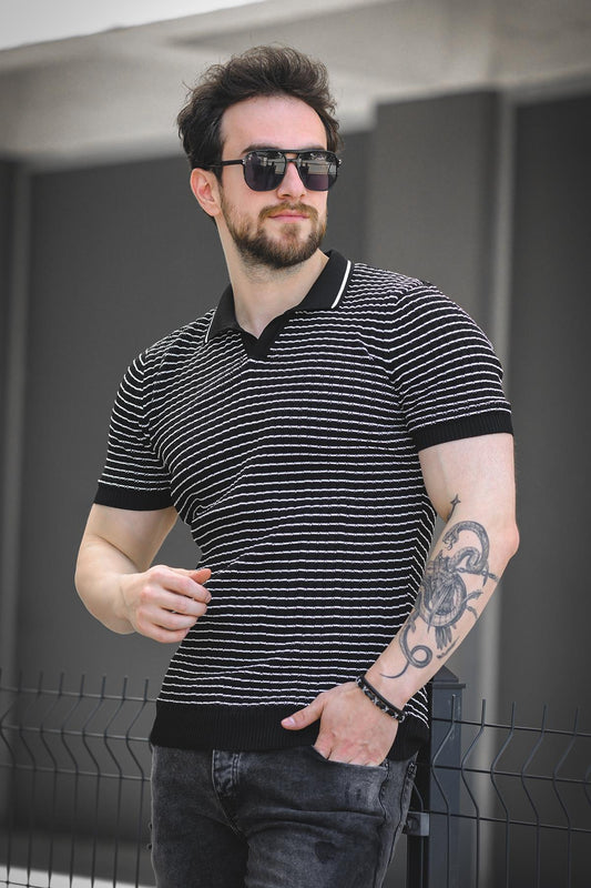 Mirko Çizgili Likralı Slim Fit Polo Yaka Örme Erkek Triko Tshirt