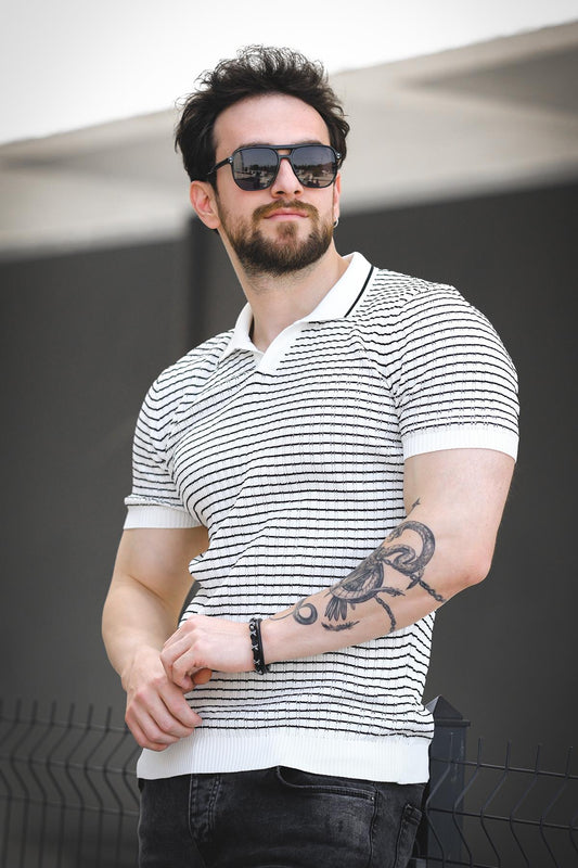 Mirko Çizgili Likralı Slim Fit Polo Yaka Örme Erkek Triko Tshirt