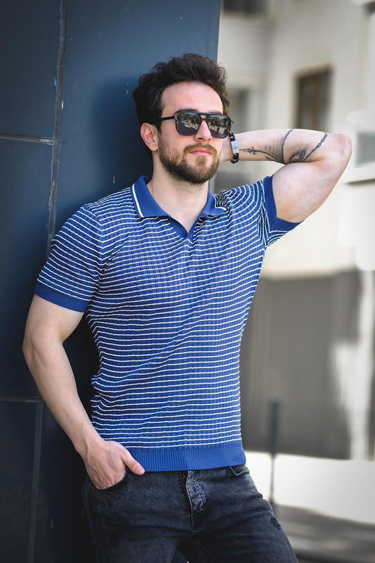 Mirko Çizgili Likralı Slim Fit Polo Yaka Örme Erkek Triko Tshirt