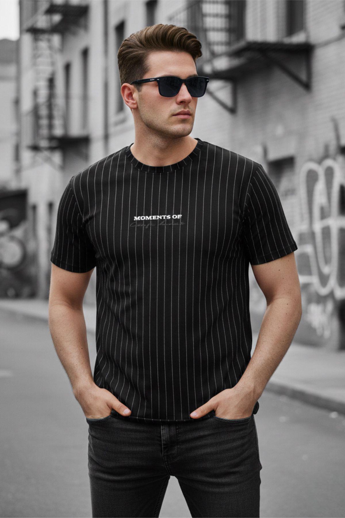 Moments Of Baskılı İnce Çizgili Premium Jakarlı Slim Fit Likralı Erkek T-Shirt