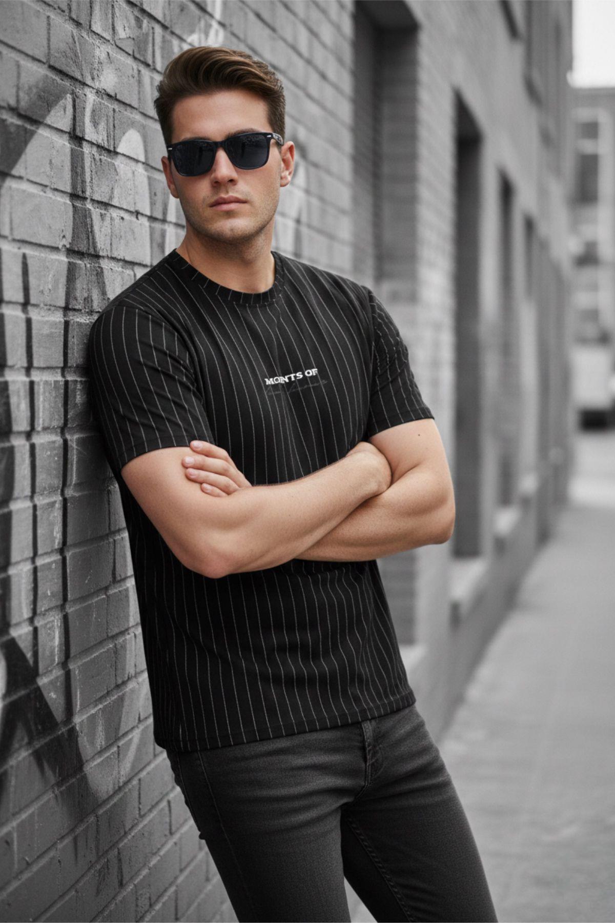 Moments Of Baskılı İnce Çizgili Premium Jakarlı Slim Fit Likralı Erkek T-Shirt