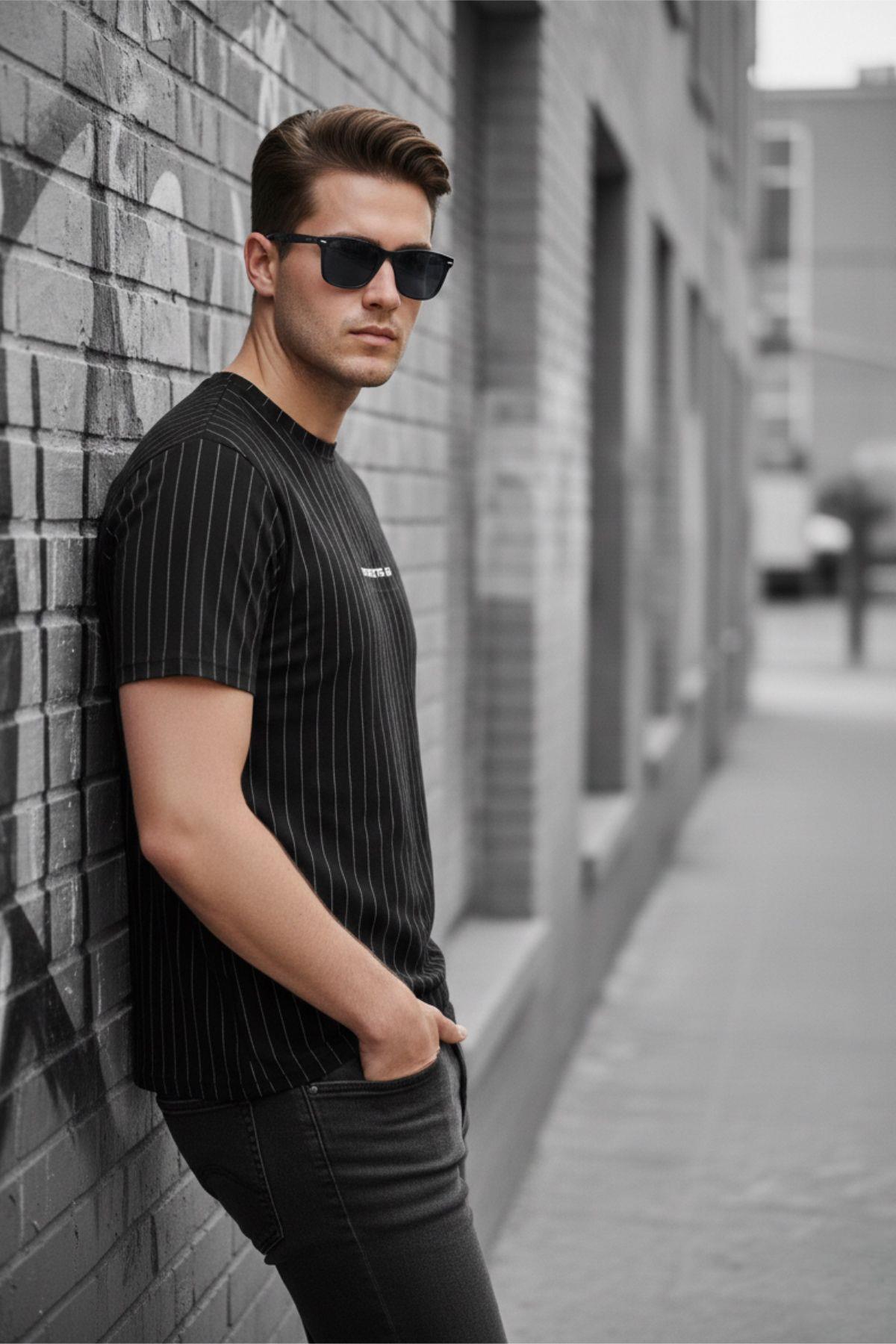 Moments Of Baskılı İnce Çizgili Premium Jakarlı Slim Fit Likralı Erkek T-Shirt
