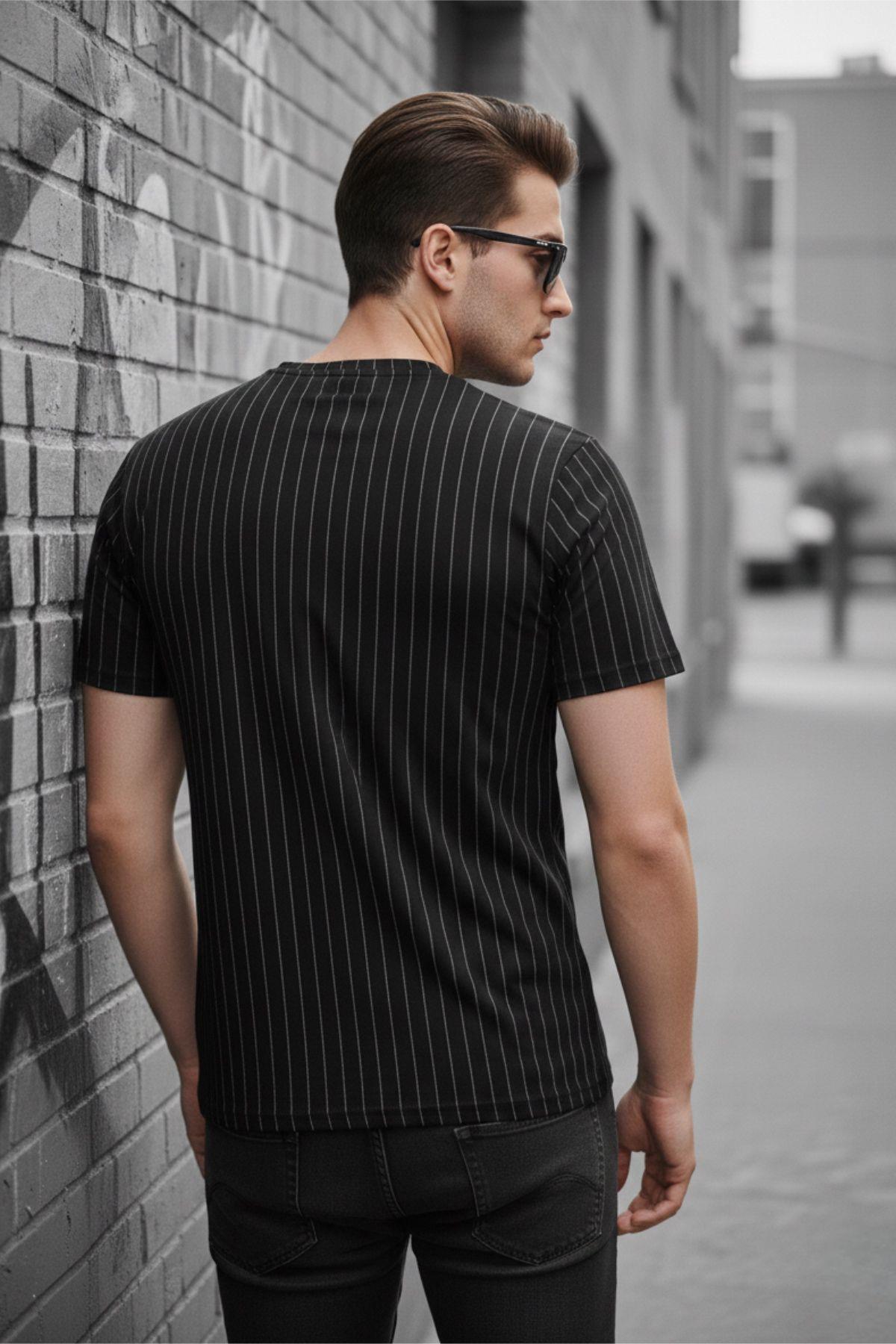 Moments Of Baskılı İnce Çizgili Premium Jakarlı Slim Fit Likralı Erkek T-Shirt