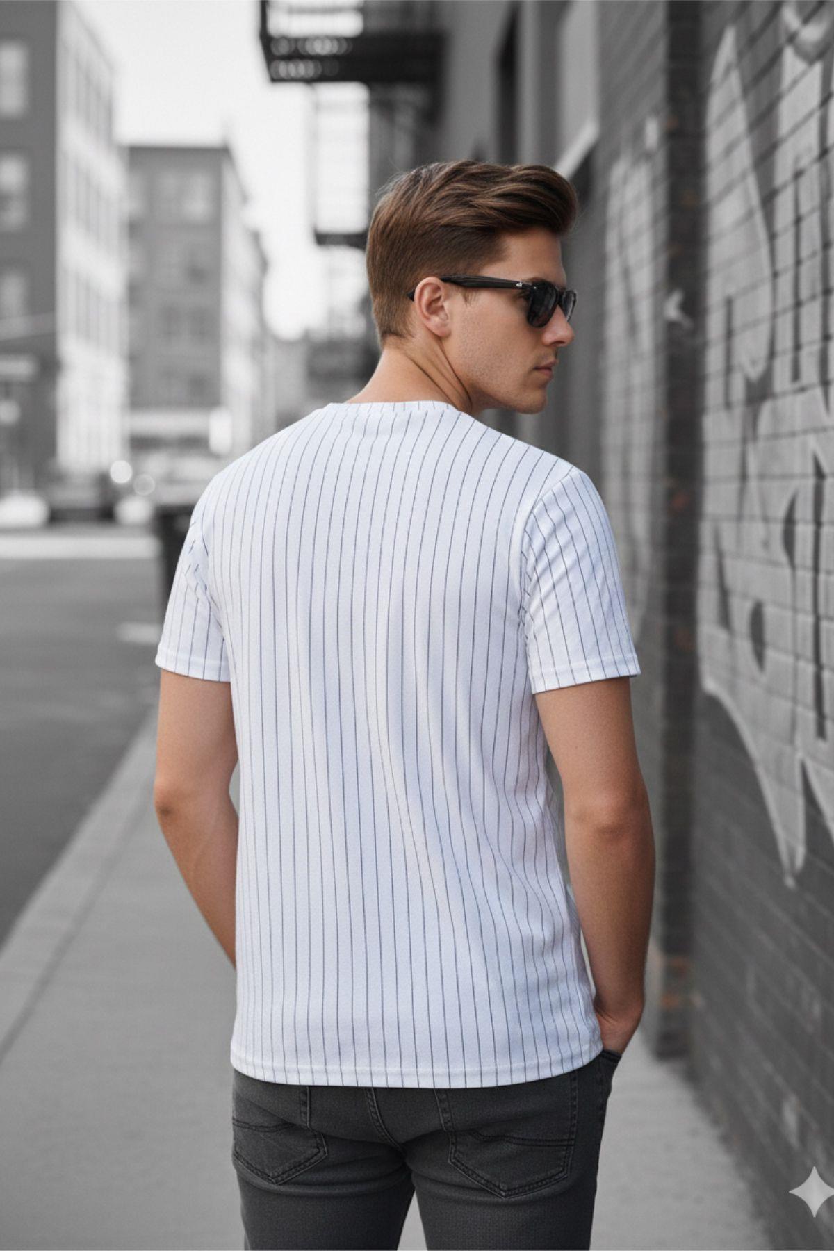 Moments Of Baskılı İnce Çizgili Premium Jakarlı Slim Fit Likralı Erkek T-Shirt