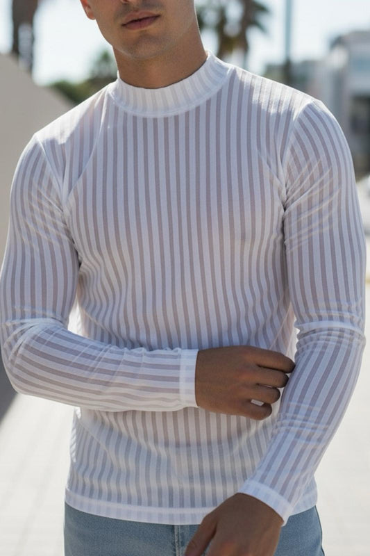Monz Fitilli Slim Fit Likralı Yüksek Yaka Erkek Uzun Kol Tshirt