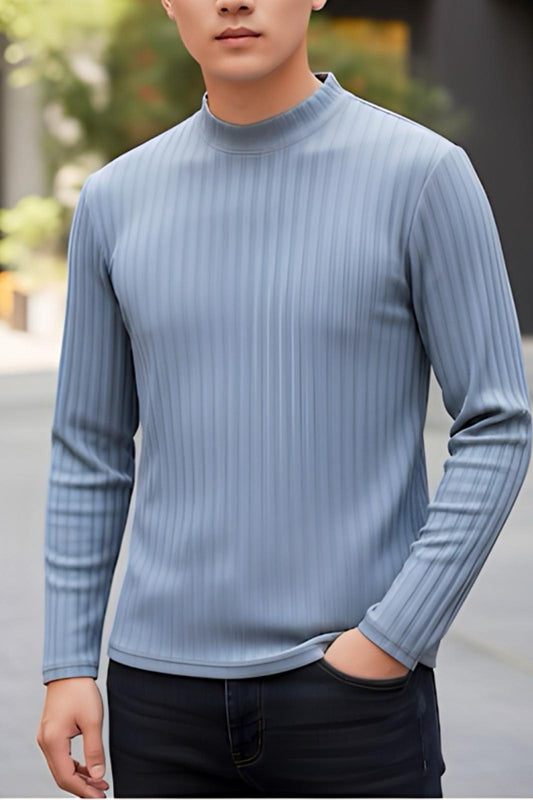 Monz Fitilli Slim Fit Likralı Yüksek Yaka Erkek Uzun Kol Tshirt