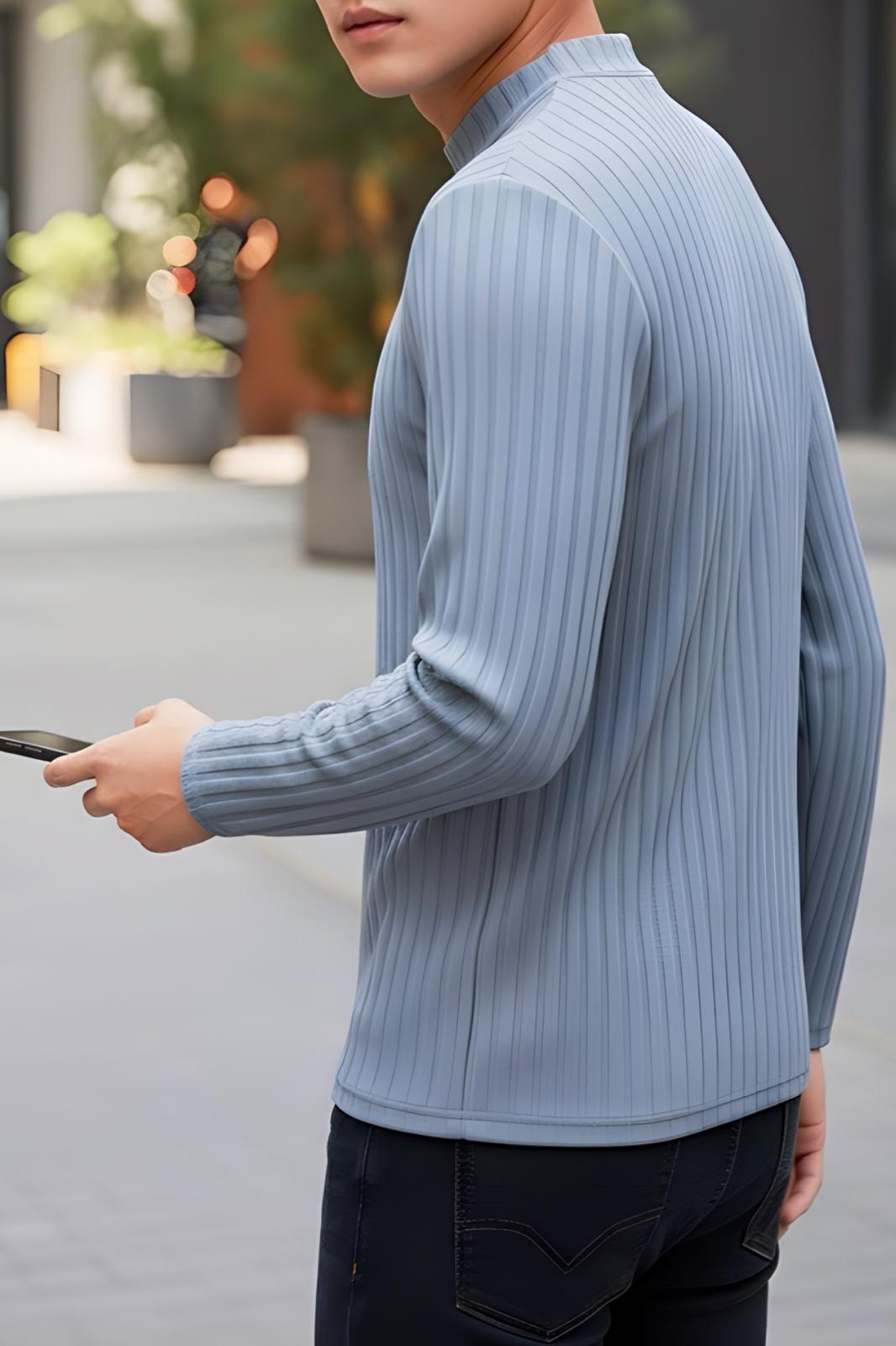 Monz Fitilli Slim Fit Likralı Yüksek Yaka Erkek Uzun Kol Tshirt