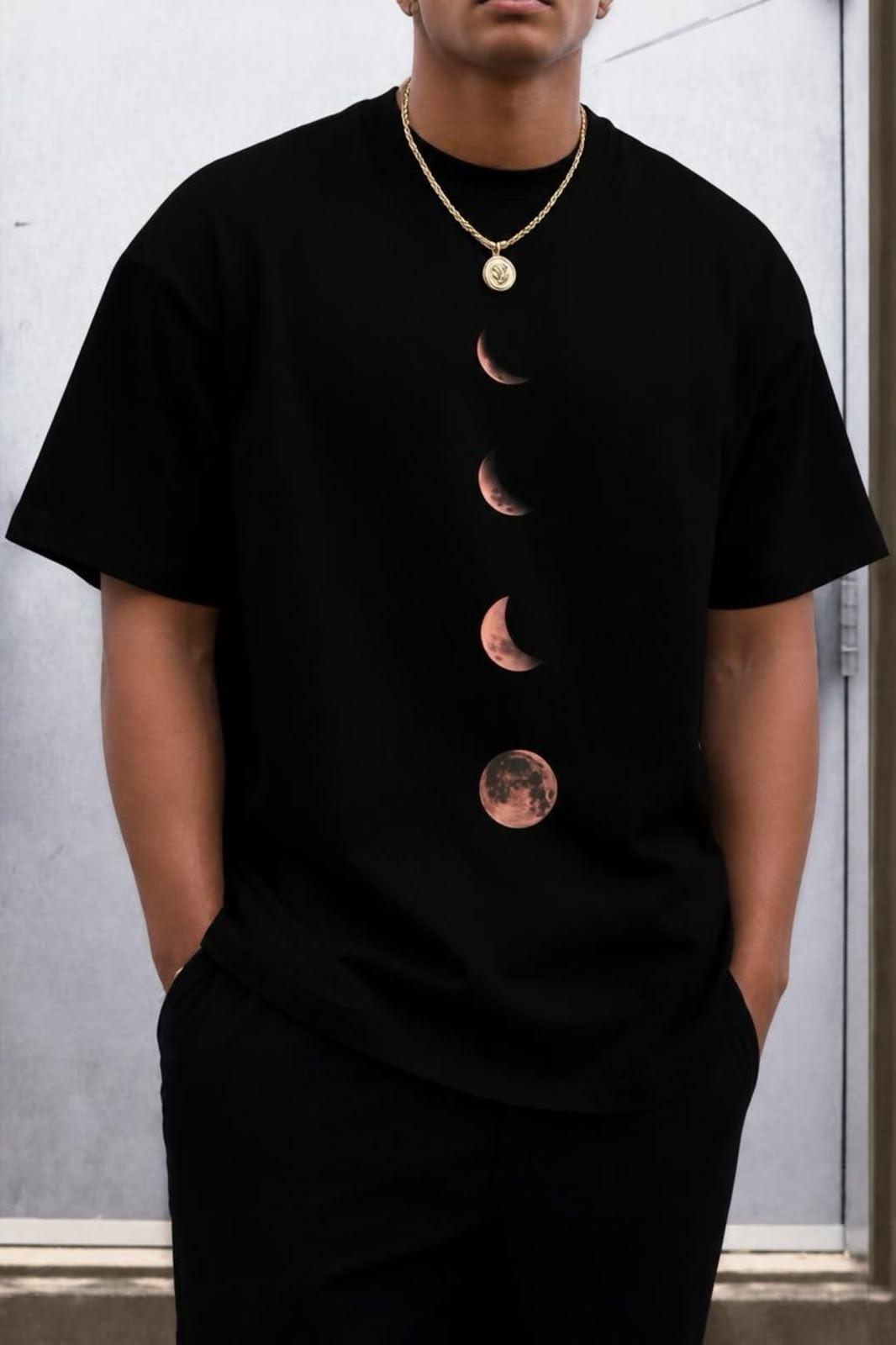Moon Baskılı Bisiklet Yaka Pamuklu Erkek T-Shirt Rahat Kesim
