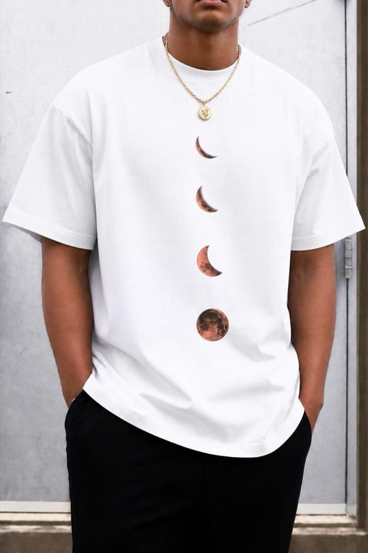 Moon Baskılı Bisiklet Yaka Pamuklu Erkek T-Shirt Rahat Kesim