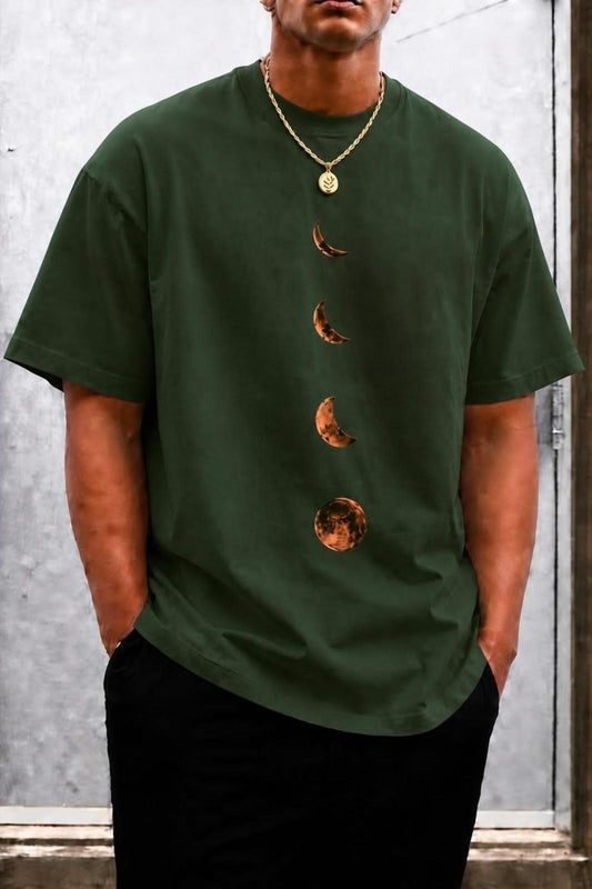 Moon Baskılı Bisiklet Yaka Pamuklu Erkek T-Shirt Rahat Kesim