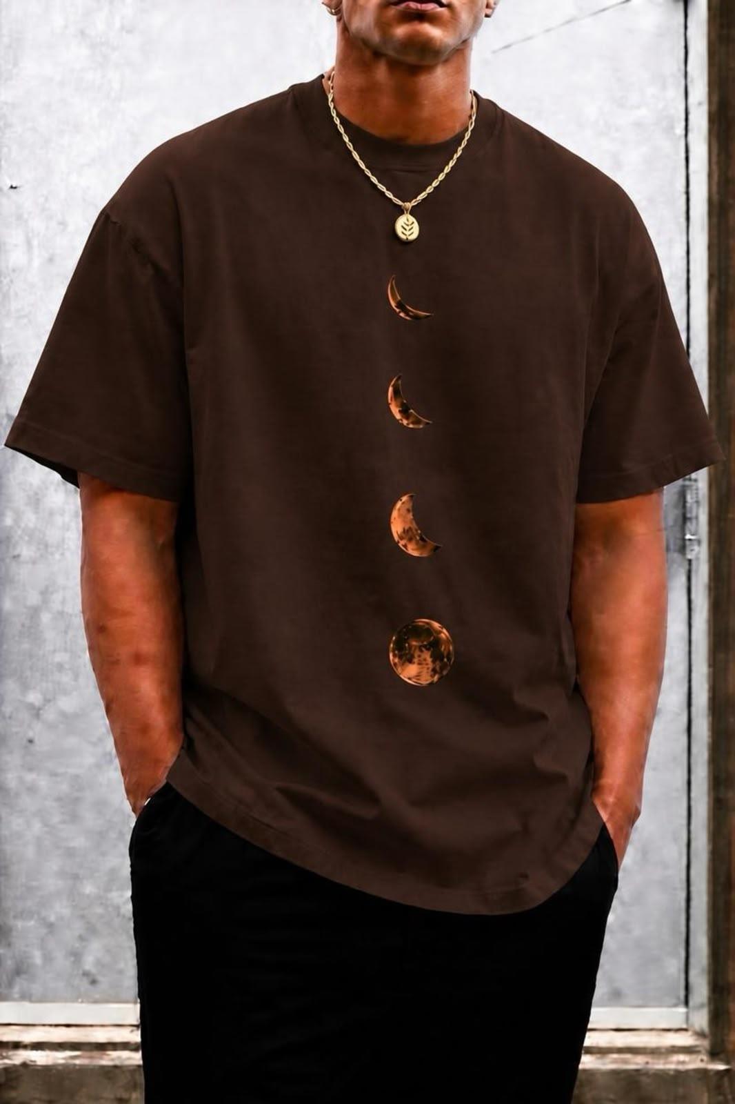 Moon Baskılı Bisiklet Yaka Pamuklu Erkek T-Shirt Rahat Kesim