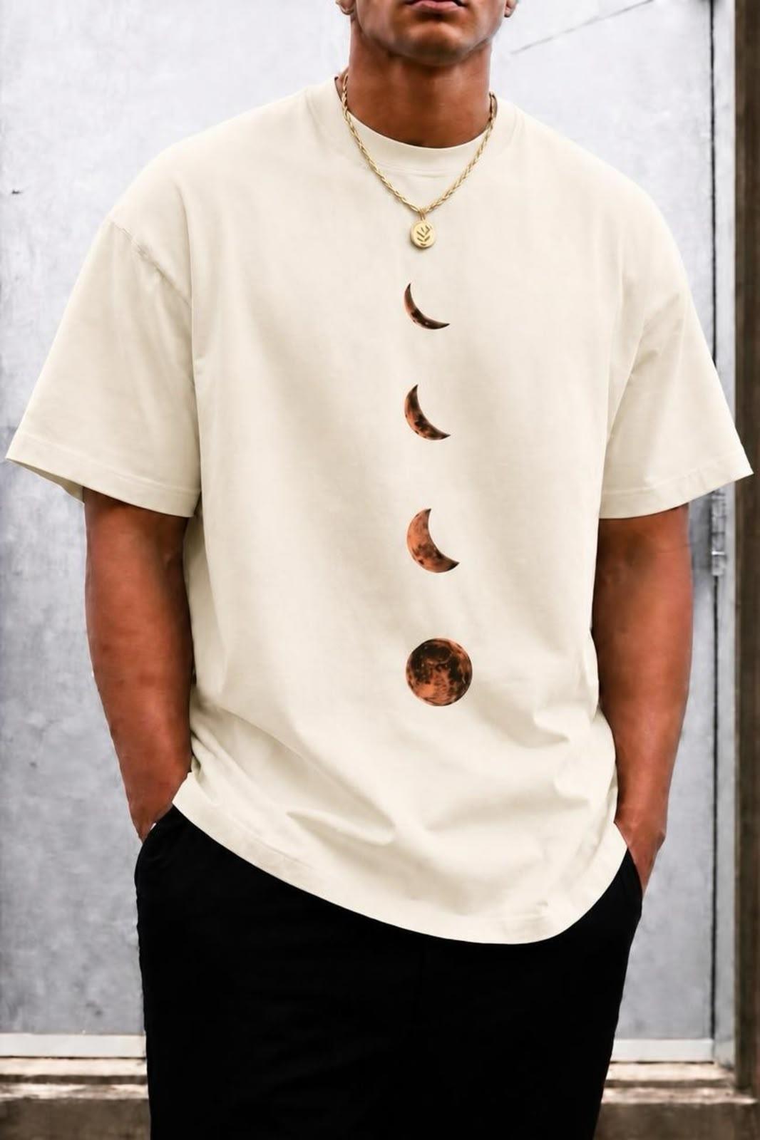 Moon Baskılı Bisiklet Yaka Pamuklu Erkek T-Shirt Rahat Kesim