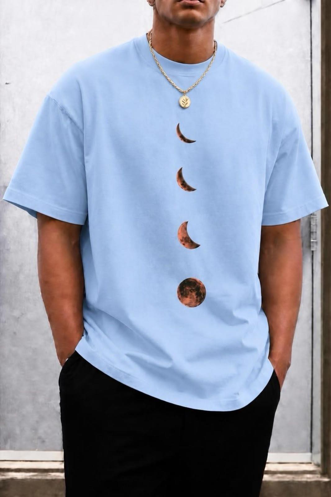 Moon Baskılı Bisiklet Yaka Pamuklu Erkek T-Shirt Rahat Kesim