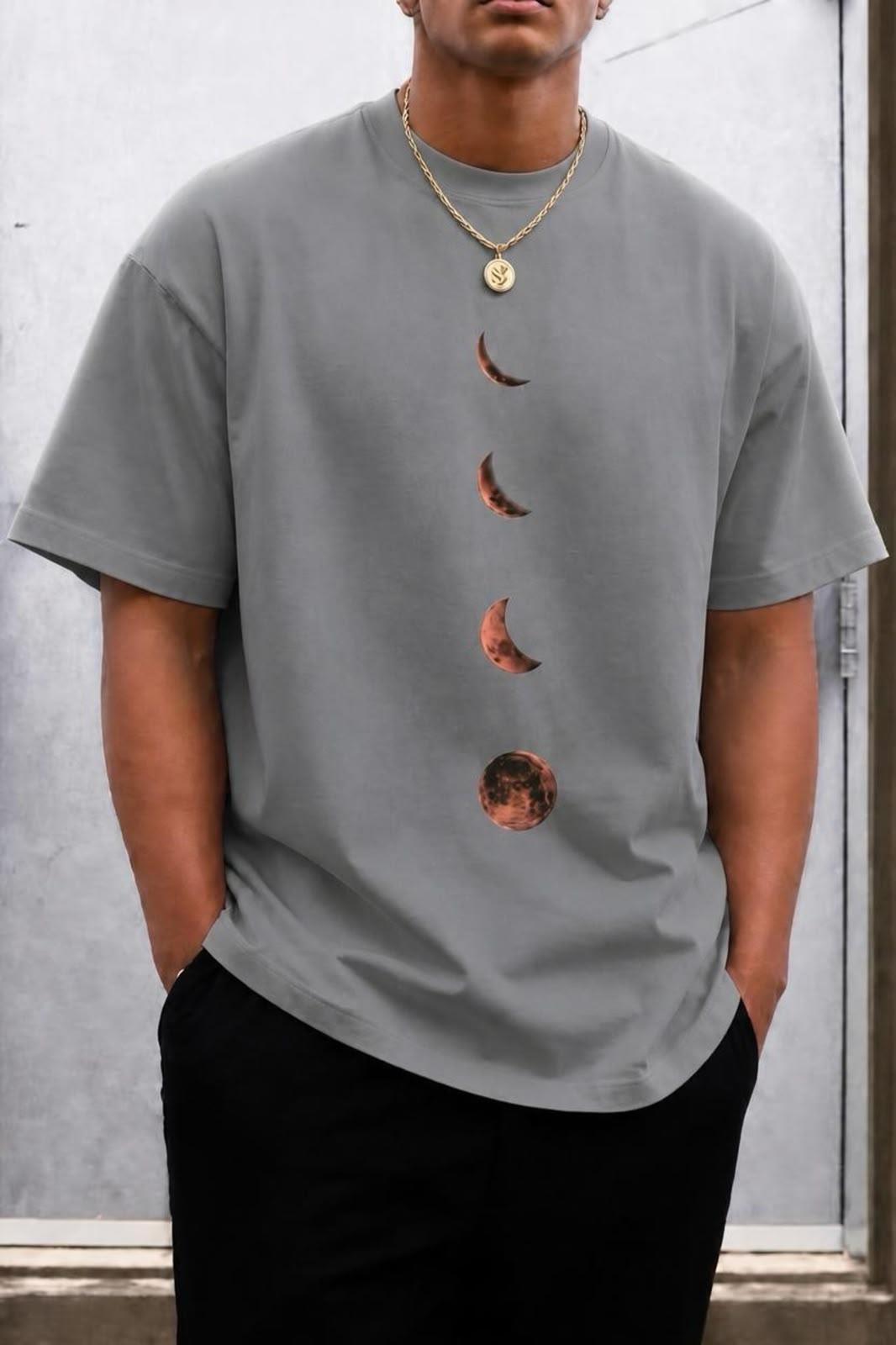 Moon Baskılı Bisiklet Yaka Pamuklu Erkek T-Shirt Rahat Kesim