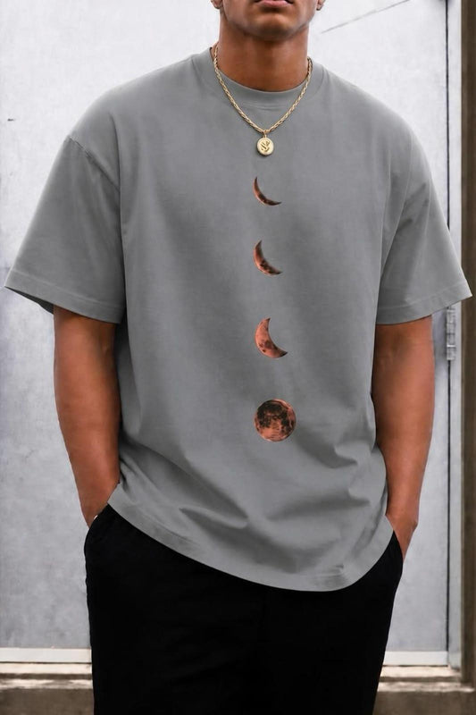 Moon Baskılı Bisiklet Yaka Pamuklu Erkek T-Shirt Rahat Kesim