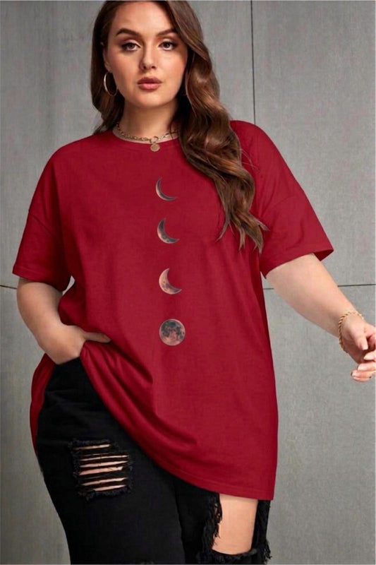 Moon Kadın Büyük Beden Battal Baskılı Bisiklet Yaka Pamuklu T-Shirt Rahat Kesim Unisex Sevgili Kombini