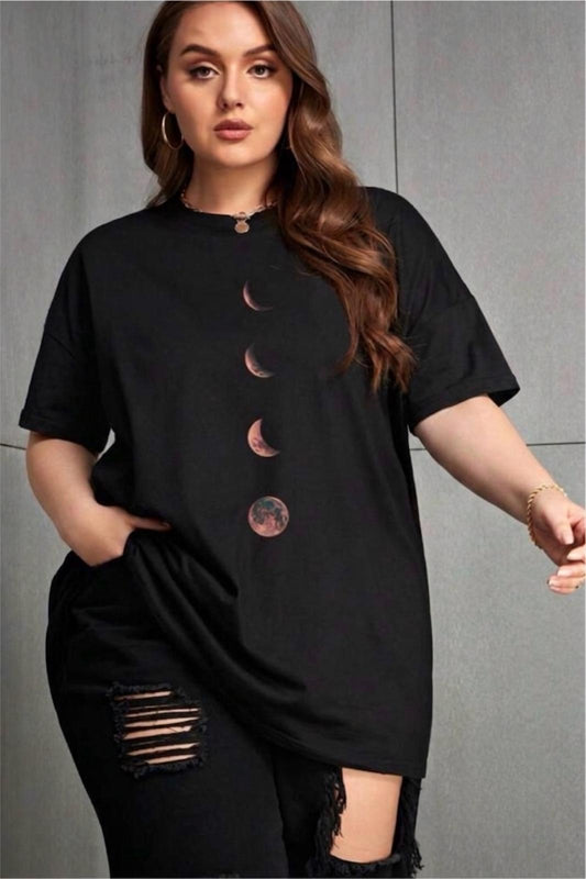 Moon Kadın Büyük Beden Battal Baskılı Bisiklet Yaka Pamuklu T-Shirt Rahat Kesim Unisex Sevgili Kombini