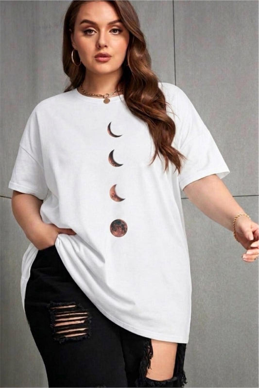 Moon Kadın Büyük Beden Battal Baskılı Bisiklet Yaka Pamuklu T-Shirt Rahat Kesim Unisex Sevgili Kombini
