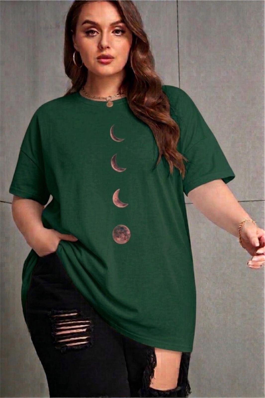 Moon Kadın Büyük Beden Battal Baskılı Bisiklet Yaka Pamuklu T-Shirt Rahat Kesim Unisex Sevgili Kombini