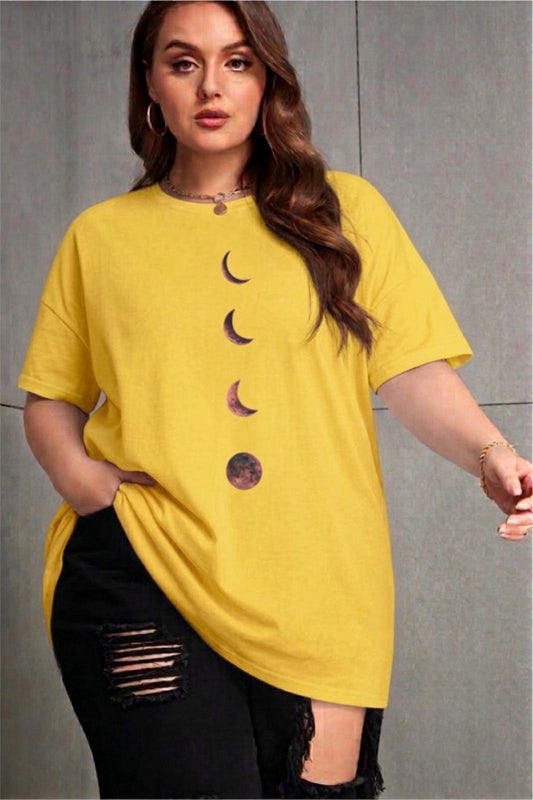 Moon Kadın Büyük Beden Battal Baskılı Bisiklet Yaka Pamuklu T-Shirt Rahat Kesim Unisex Sevgili Kombini