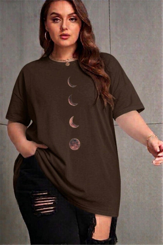 Moon Kadın Büyük Beden Battal Baskılı Bisiklet Yaka Pamuklu T-Shirt Rahat Kesim Unisex Sevgili Kombini