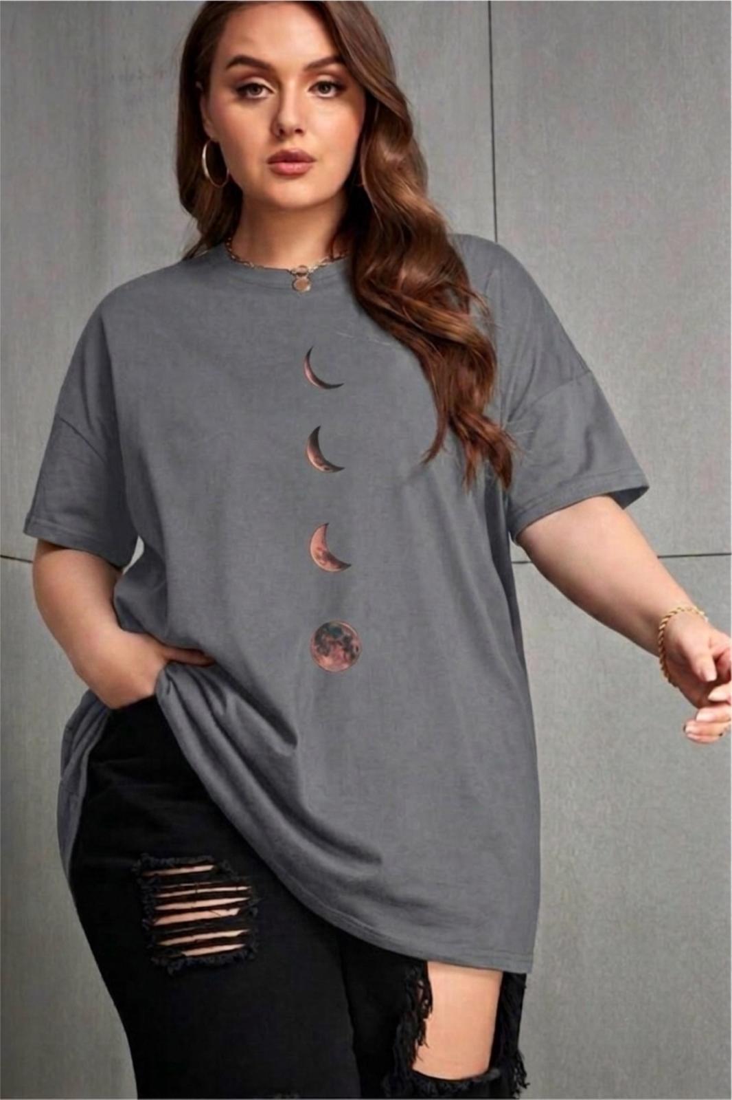 Moon Kadın Büyük Beden Battal Baskılı Bisiklet Yaka Pamuklu T-Shirt Rahat Kesim Unisex Sevgili Kombini