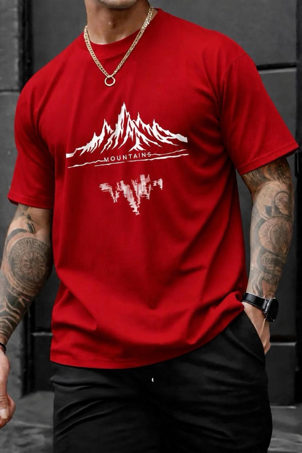 Mountains Baskılı Bisiklet Yaka Pamuklu Erkek T-Shirt Rahat Kesim